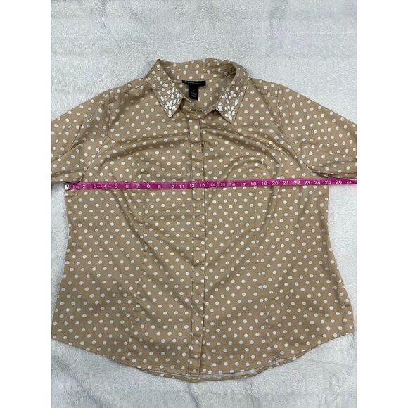 Lane Bryant Button Up Dress Shirt 22 Tan Polka Dot Long Sleeve Beaded Collar - Picture 5 of 7